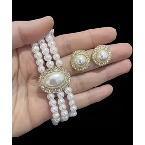 VİNTAGE 3'LÜ GÖRÜNÜMLÜ İNCİ KOLYE VE İNCİ KÜPE SET ACR5364