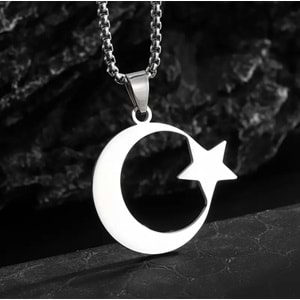 ERKEK ÇELİK AY VE YILDIZ KOLYE 60CM-GÜMÜŞ ACR5406
