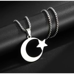 ERKEK ÇELİK AY VE YILDIZ KOLYE 60CM-GÜMÜŞ ACR5406