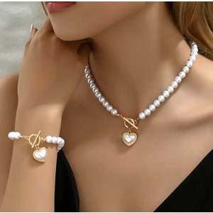 İNCİLİ KALP KOLYE VE BİLEKLİK SETİ-GOLD ACR5426