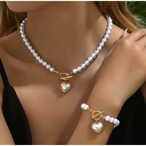 İNCİLİ KALP KOLYE VE BİLEKLİK SETİ-GOLD ACR5426