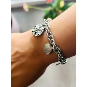 ÇELİK İSTİRİDYELİ, GÜNEŞLİ CHARM BİLEKLİK 17+5CM-GÜMÜŞ RENK ACR5520