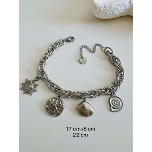 ÇELİK İSTİRİDYELİ, GÜNEŞLİ CHARM BİLEKLİK 17+5CM-GÜMÜŞ RENK ACR5520