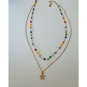 2'Lİ RENKLİ BONCUKLU YILDIZ ÇELİK KOLYE 36+6CM-GOLD ACR5956