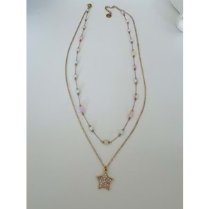 2'Lİ PEMBE-MAVİ BONCUK SIRALI ÇELİK KOLYE 40+5CM ACR5961