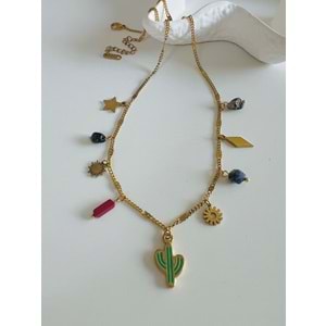 KAKTÜS CHARMLI ÇELİK KOLYE 40+6CM-GOLD ACR5984
