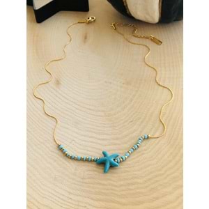 ÇELİK MAVİ BONCUKLU YILDIZ KOLYE 42+6 CM GOLD ACR6001