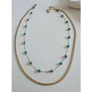 2'Lİ MAVİ BONCUKLU ÇELİK ZİNCİR KOLYE 38+5CM-GOLD RENK ACR6063