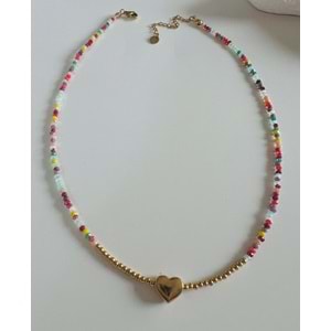 RENKLİ BONCUKLU KALP ÇELİK KOLYE 40+5CM-GOLD RENK ACR6064
