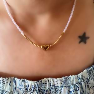 PEMBE BONCUKLU KALP ÇELİK KOLYE 40+5CM-GOLD RENK ACR6067