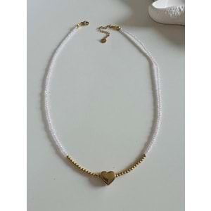 PEMBE BONCUKLU KALP ÇELİK KOLYE 40+5CM-GOLD RENK ACR6067