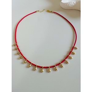 KIRMIZI BONCUKLU DAMLA KOLYE 40+3CM-GOLD RENK ACR6073
