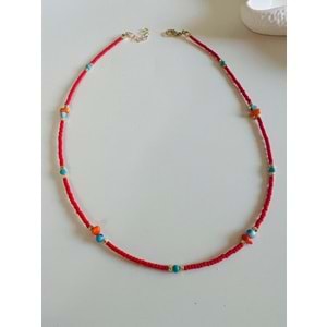 KIRMIZI BONCUKLU, RENKLİ TAŞLI KOLYE 40+3CM-GOLD RENK ACR6075
