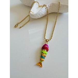 RENKLİ MİNELİ BALIK ÇELİK KOLYE 40+5CM-GOLD ACR6175