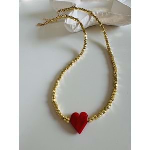 KIRMIZI KALPLİ KOLYE 43+3CM-GOLD RENK ACR6262
