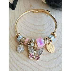 GOLD RENK PEMBE TAŞLI-KELEBEKLİ CHARM BİLEKLİK ACR6306