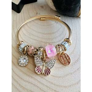 GOLD RENK PEMBE TAŞLI-KELEBEKLİ CHARM BİLEKLİK ACR6306