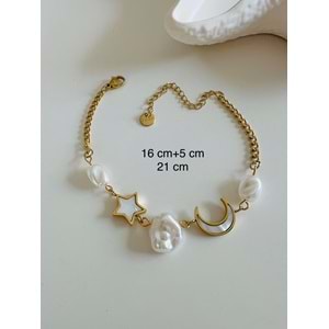 ÇELİK AY, YILDIZLI, İNCİLİ BİLEKLİK 16+5CM-GOLD RENK ACR6673