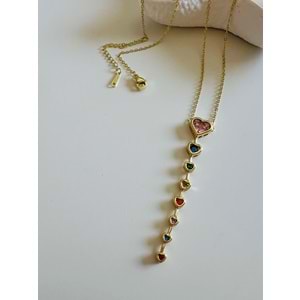 ÇELİK 14K RENKLİ TAŞLI, KALPLİ Y KOLYE 41+6CM-GOLD ACR6768