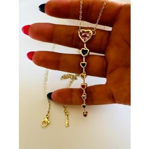 ÇELİK 14K RENKLİ TAŞLI, KALPLİ Y KOLYE 41+6CM-GOLD ACR6768