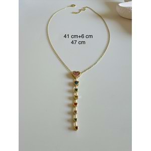 ÇELİK 14K RENKLİ TAŞLI, KALPLİ Y KOLYE 41+6CM-GOLD ACR6768
