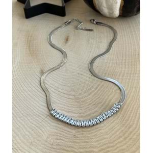 GÜMÜŞ RENK İTALYAN ZİNCİRLİ, BAGET TAŞLI ÇELİK KOLYE 42+6 CM ACR7176