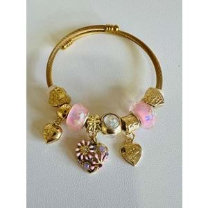 GOLD RENK PEMBE TAŞLI-KALPLİ CHARM BİLEKLİK ACR8185