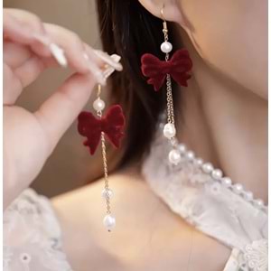 VİNTAGE KADİFE, BORDO RENK, İNCİ SALLANTILI FİYONK KÜPE ACR8212