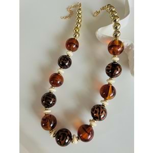 LEOPARLI KAHVERENGİ BONCUKLU TOP KOLYE 45+5CM ACR8649