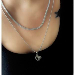 ÇELİK 2'Lİ AY-GÜNEŞ KOLYE 44+6CM-GÜMÜŞ RENK ACR9255