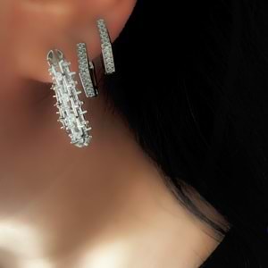 ÜÇLÜ TAŞLI KARE-BEŞGEN HALKA KÜPE SETİ-GÜMÜŞ RENK ACR9345