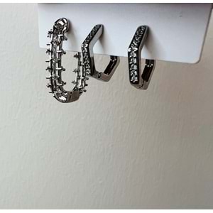 ÜÇLÜ TAŞLI KARE-BEŞGEN HALKA KÜPE SETİ-GÜMÜŞ RENK ACR9345