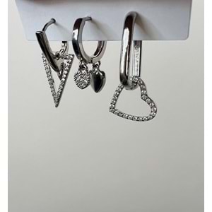 ÜÇLÜ TAŞLI ÜÇGEN-KALPLİ KÜPE SETİ-GÜMÜŞ RENK ACR9350