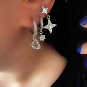 ÜÇLÜ GEZEGEN-YILDIZ DETAYLI KÜPE SETİ-GÜMÜŞ RENK ACR9354