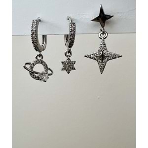 ÜÇLÜ GEZEGEN-YILDIZ DETAYLI KÜPE SETİ-GÜMÜŞ RENK ACR9354