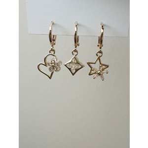 ÜÇLÜ KALPLİ-YILDIZLI KÜPE SETİ-GOLD RENK ACR9446