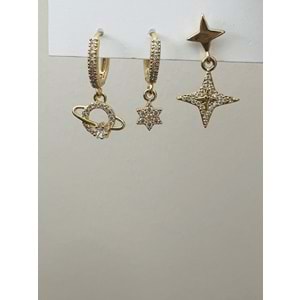 ÜÇLÜ GEZEGEN-YILDIZ DETAYLI KÜPE SETİ-GOLD RENK ACR9454