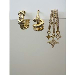 ÜÇLÜ HALKA-SARMAL HALKA-YILDIZ DETAYLI KÜPE SETİ-GOLD RENK ACR9468