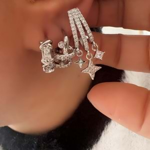 ÜÇLÜ HALKA-SARMAL HALKA-YILDIZ DETAYLI KÜPE SETİ-GÜMÜŞ RENK ACR9480