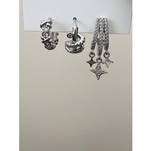 ÜÇLÜ HALKA-SARMAL HALKA-YILDIZ DETAYLI KÜPE SETİ-GÜMÜŞ RENK ACR9480