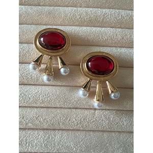 BORDO TAŞLI, İNCİ DETAYLI VİNTAGE KÜPE ACR9674
