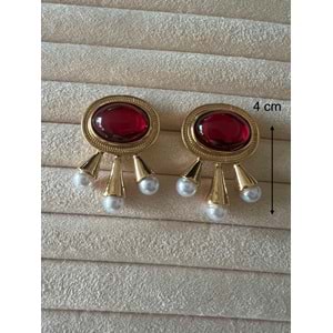 BORDO TAŞLI, İNCİ DETAYLI VİNTAGE KÜPE ACR9674