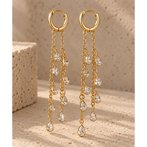 GOLD RENK DAMLA TAŞLI, ZİNCİR SALLANTILI KÜPE ACR9725