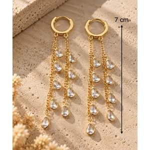 GOLD RENK DAMLA TAŞLI, ZİNCİR SALLANTILI KÜPE ACR9725