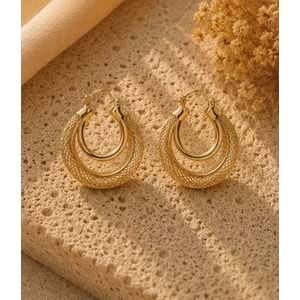 İÇ İÇE GEÇMELİ, GOLD RENK, İKİLİ HALKA GÖRÜNÜMLÜ IŞILTILI KÜPE ACR9803