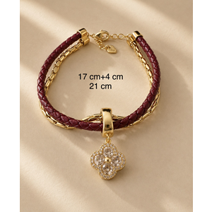 PREMİUM SERİ, TAŞLI, CLEEF MODEL, BORDO DERİLİ BİLEKLİK 17+4CM ACR9825