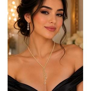 YUVARLAK TAŞLI, GOLD RENK, Y MODEL SUYOLU KOLYE VE KÜPE SETİ ACR9830