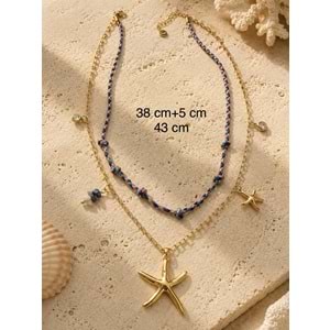MOR İPLİ, DENİZYILDIZI UÇLU, İKİLİ ÇELİK KOLYE 38+5CM ACR9841
