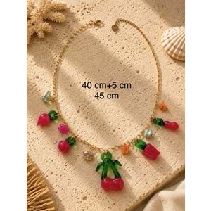 KİRAZ, ÇİLEK, DOMATES, BİBER CHARMLI ÇELİK KOLYE 40+5CM ACR9844