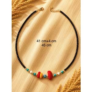 SİYAH, RENKLİ BONCUKLU KOLYE 41+4CM ACR9870